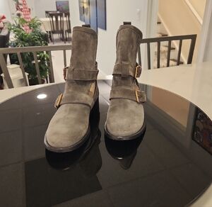 Burberry Nova Check Worchester Gray Suede Moto Boots